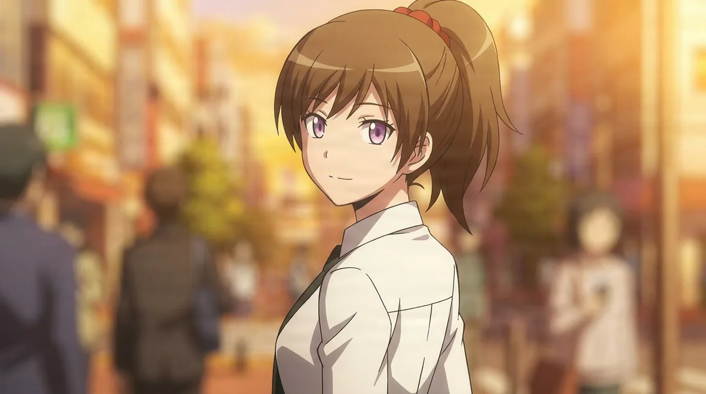 Toka Yada looks over her shoulder with a gentle smile, brown ponytail and white jacket, on a warm sunset city street.