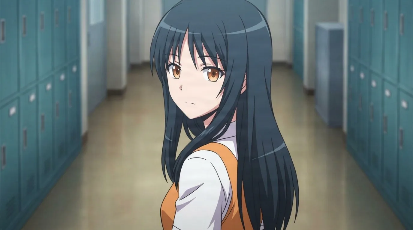 Yukiko Kanzaki, a long black-haired girl in a school uniform vest, looks over her shoulder in a hallway lined with lockers.