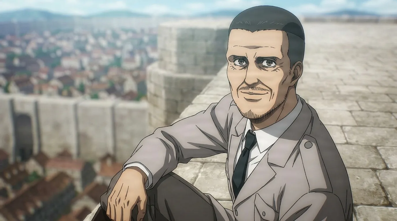 The 11th Commander, an older balding man in a grey suit and black tie, sitting atop the district wall overlooking the city