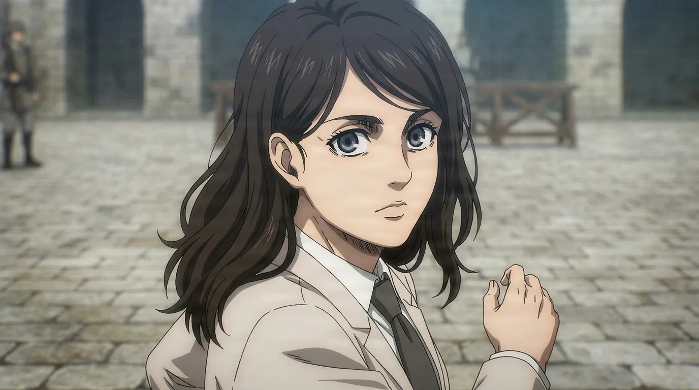 Cart Titan holder Pieck Finger looking back over her shoulder in a stone courtyard, long dark hair, pale jacket, shirt and tie.