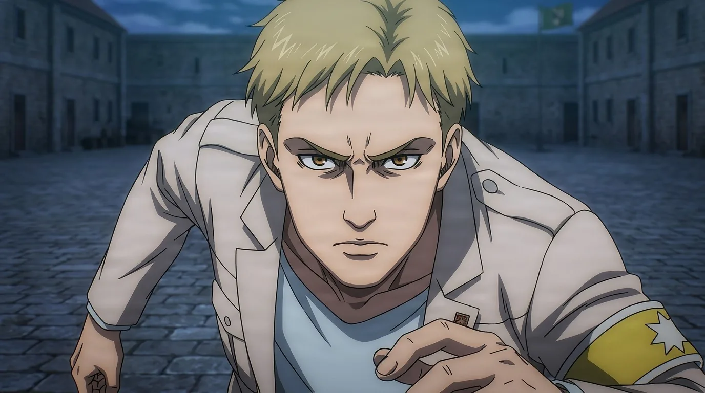 Colt Grice leaning forward with a hard scowl, blond hair and Marleyan white jacket with a yellow armband, night courtyard behind him