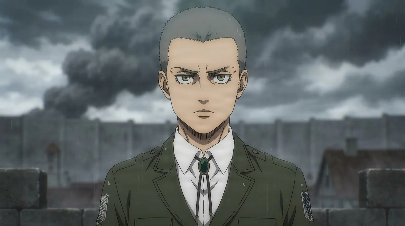 Connie Springer in the rain before the district wall, closely shaved head and green Survey Corps jacket, smoke rising behind him