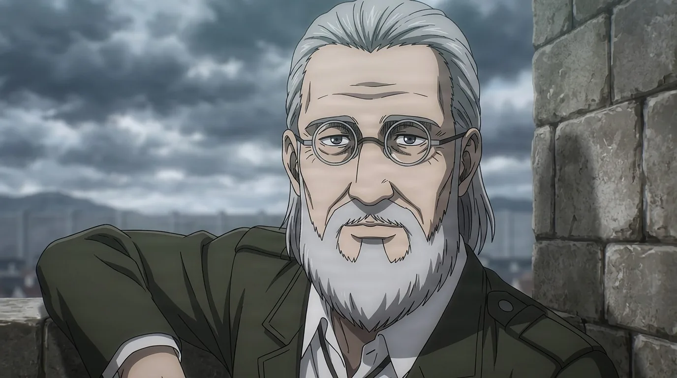 Darius Zackly leaning on a stone parapet, round spectacles, swept-back white hair and full grey beard, olive uniform under storm clouds