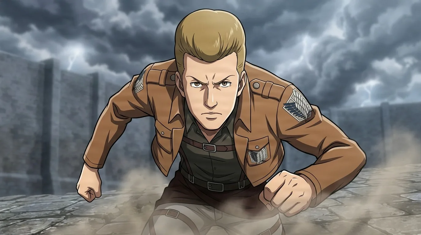 Gelgar braced forward with fists clenched and a hard glare, blond hair and Survey Corps jacket with wing crest, storm clouds above the wall