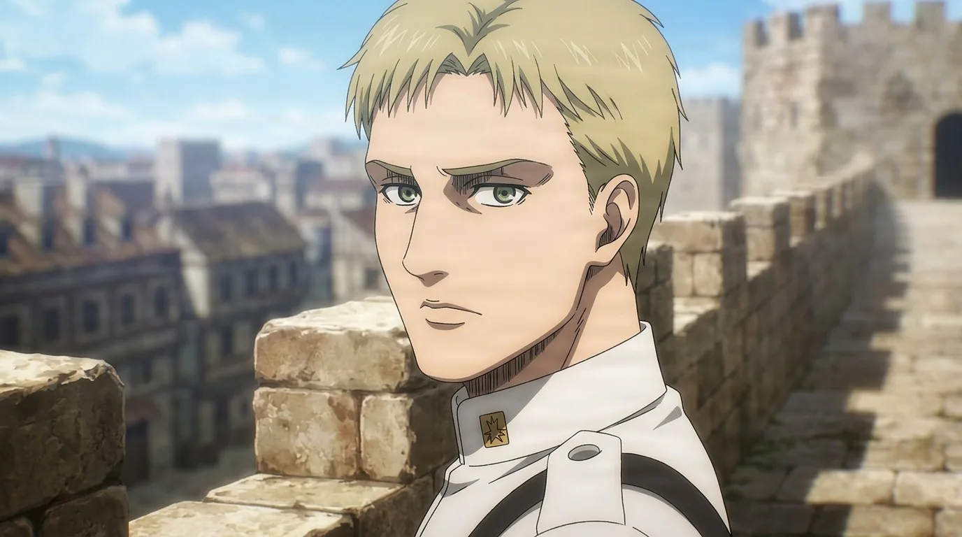 Grice glancing over his shoulder in a white military uniform, standing atop a stone wall above the town
