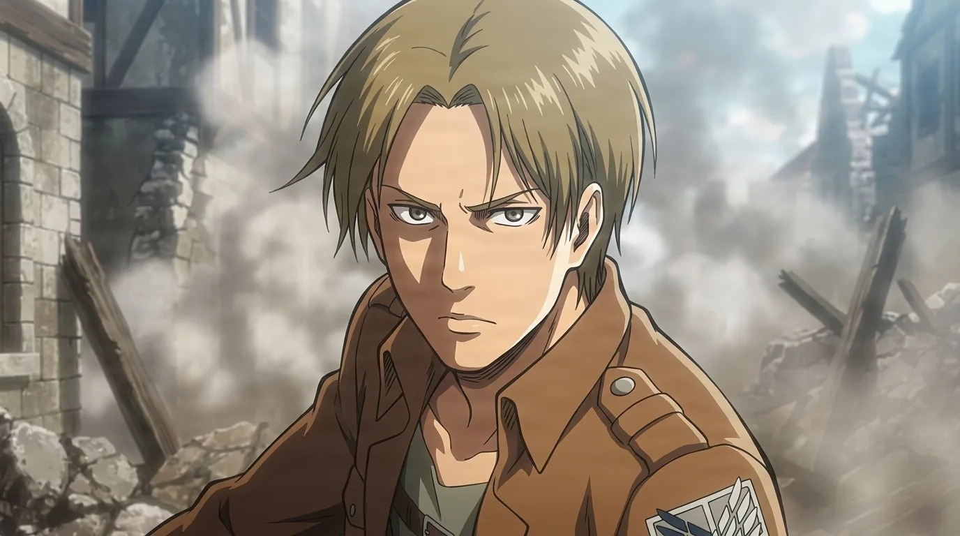 Ian Dietrich glaring ahead amid smoking rubble, blond hair and a brown Survey Corps jacket with the Wings of Freedom crest.