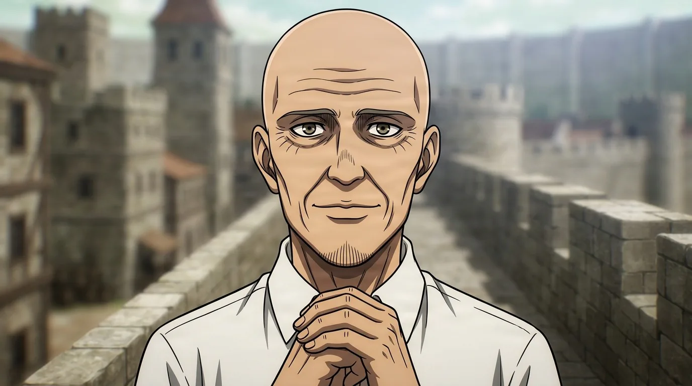 Keith Shadis, bald and hollow-cheeked in a plain white shirt, hands clasped at his chest atop a stone wall walkway above the town