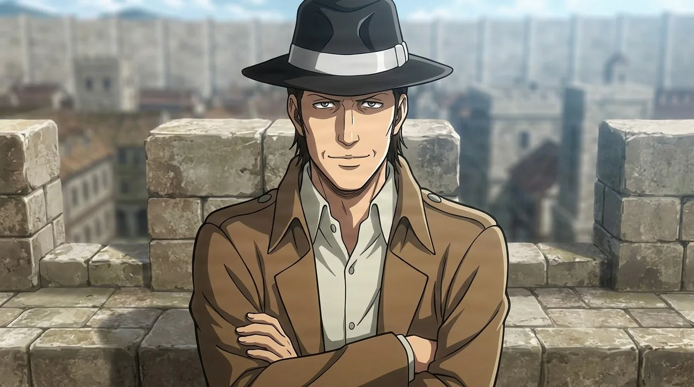 Kenny Ackerman, a man in a black fedora and brown coat, stands with arms crossed atop a stone wall overlooking a town.