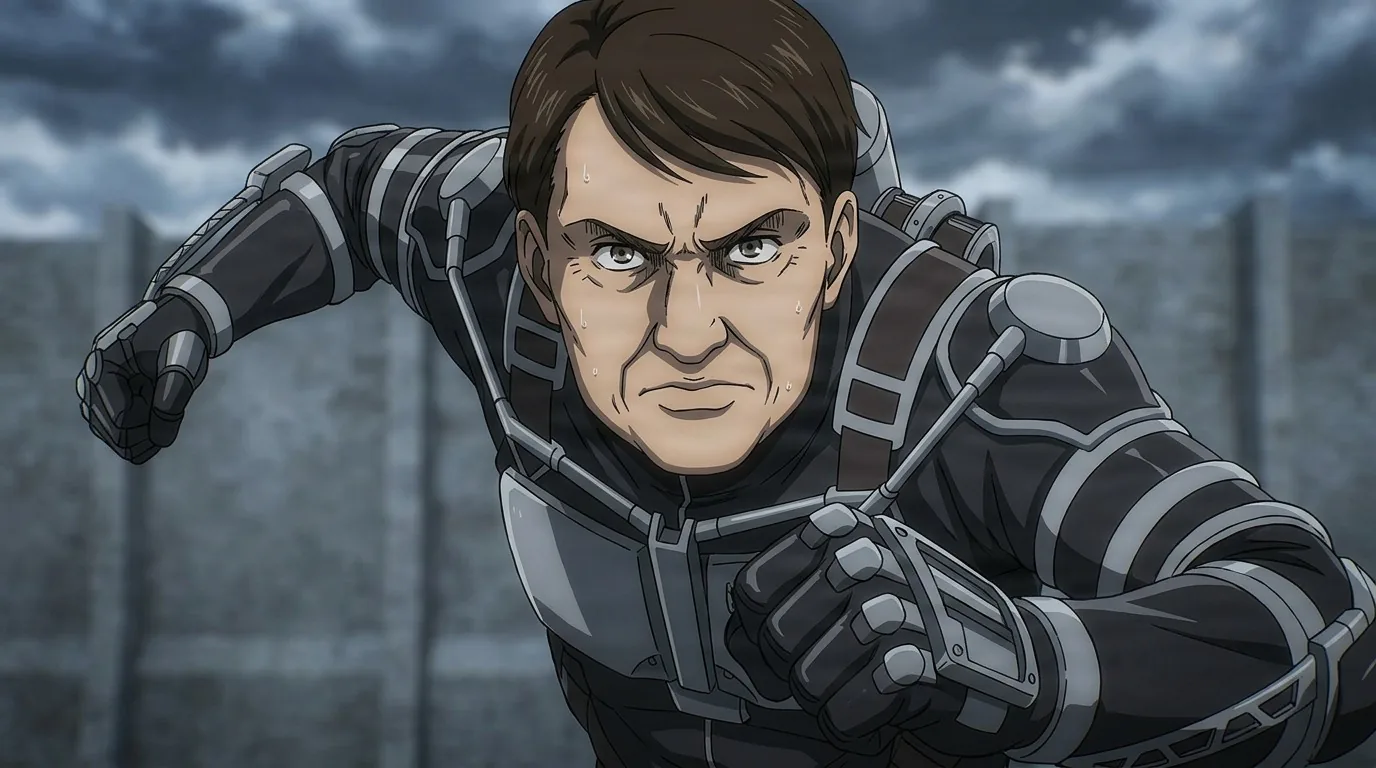 Lobov lunging forward in black vertical maneuvering gear, brown hair and a sweating scowl, grey walls under storm clouds