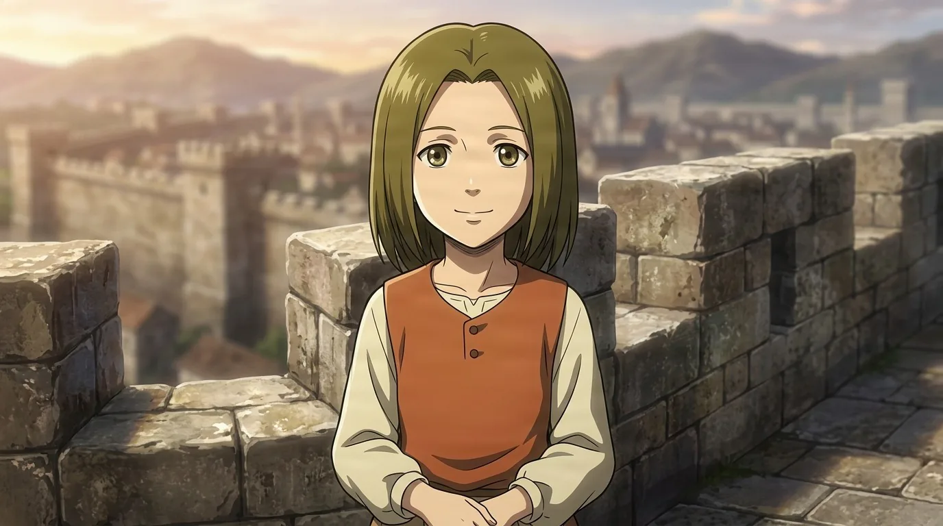 Louise smiling softly atop a stone wall above a sunlit town, olive bob, rust vest over a cream shirt, hands clasped.