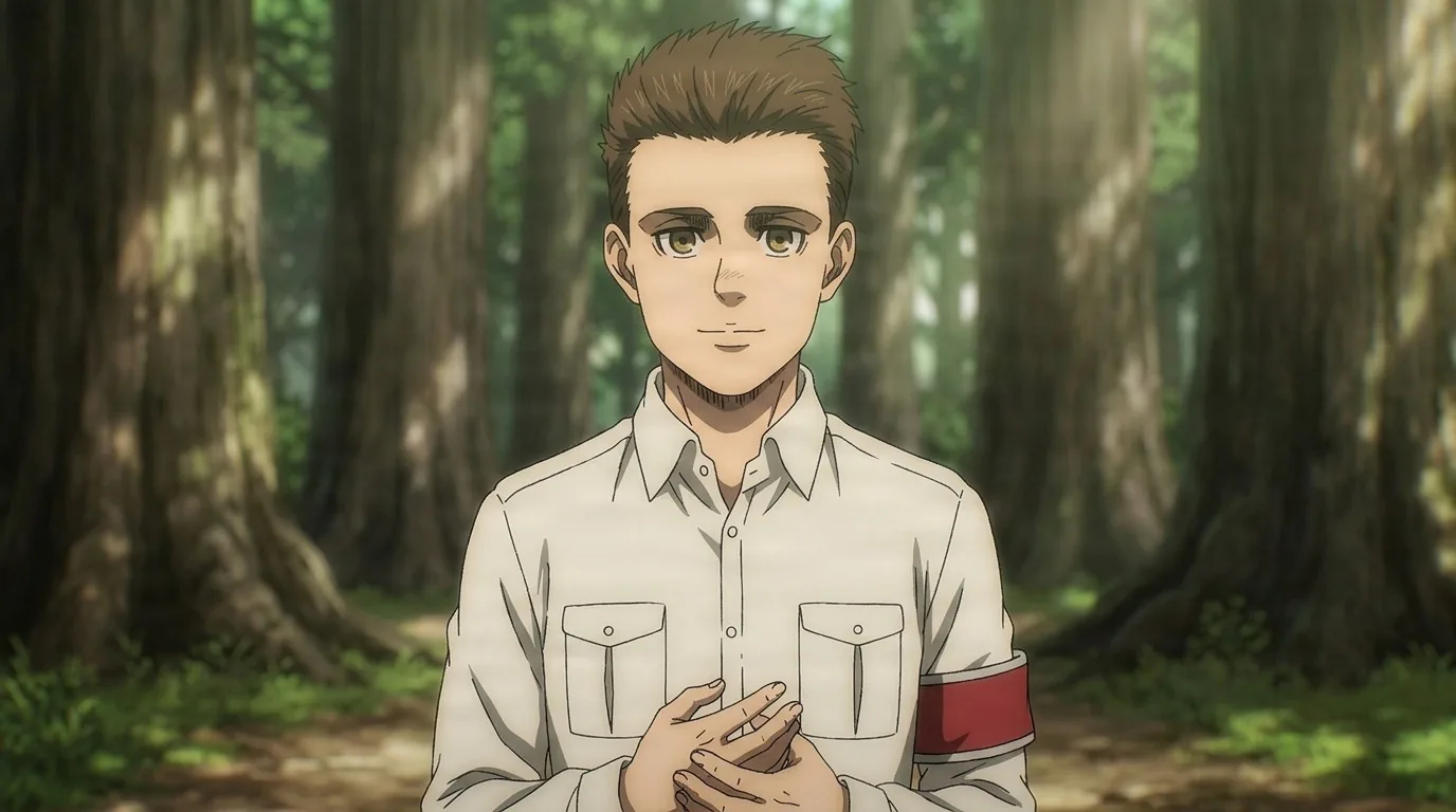 Marcel Galliard smiling faintly in a cream uniform shirt with a red armband, hands clasped, in a sunlit forest of tall trees
