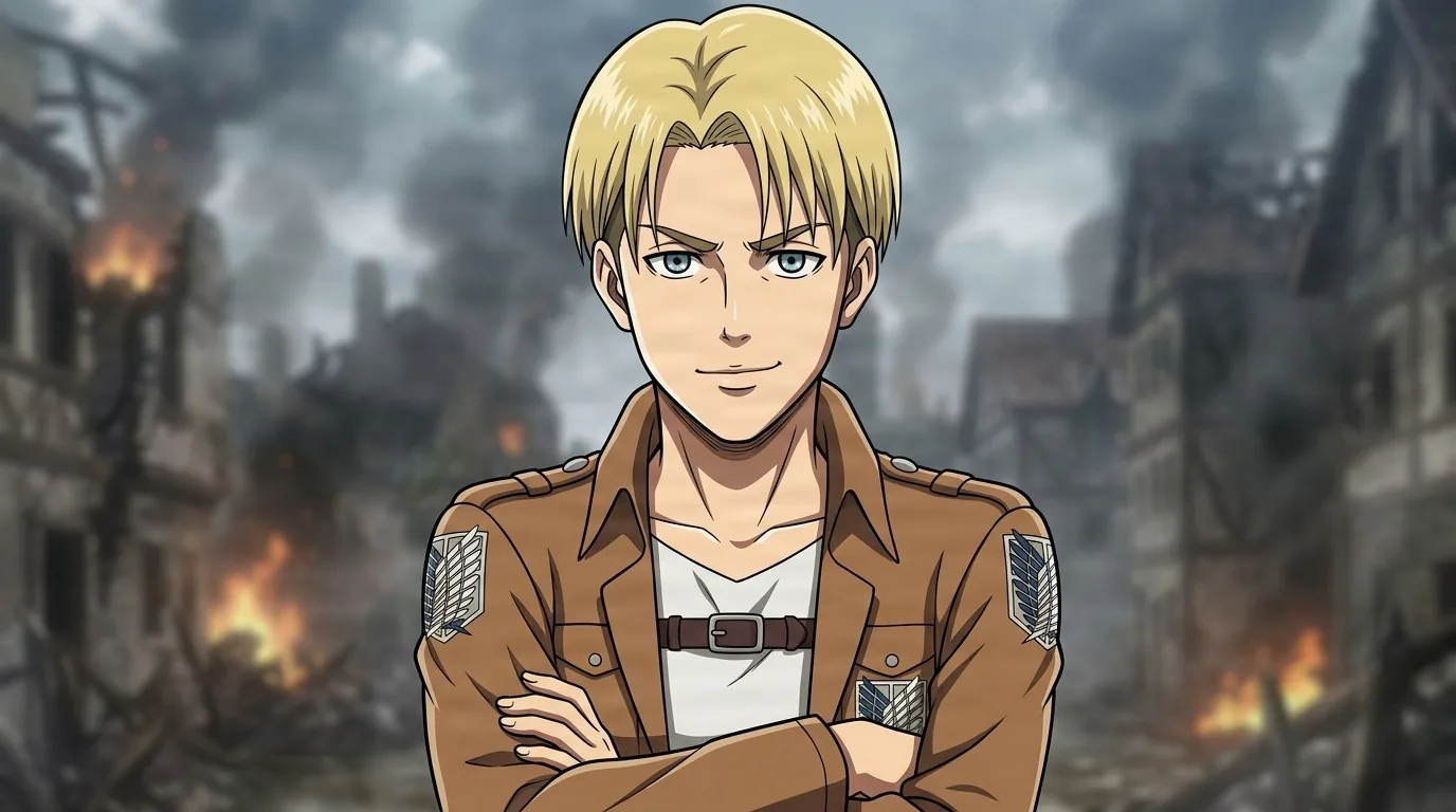 Nanaba with arms crossed in a Survey Corps jacket bearing the Wings of Freedom, standing before a burning ruined town