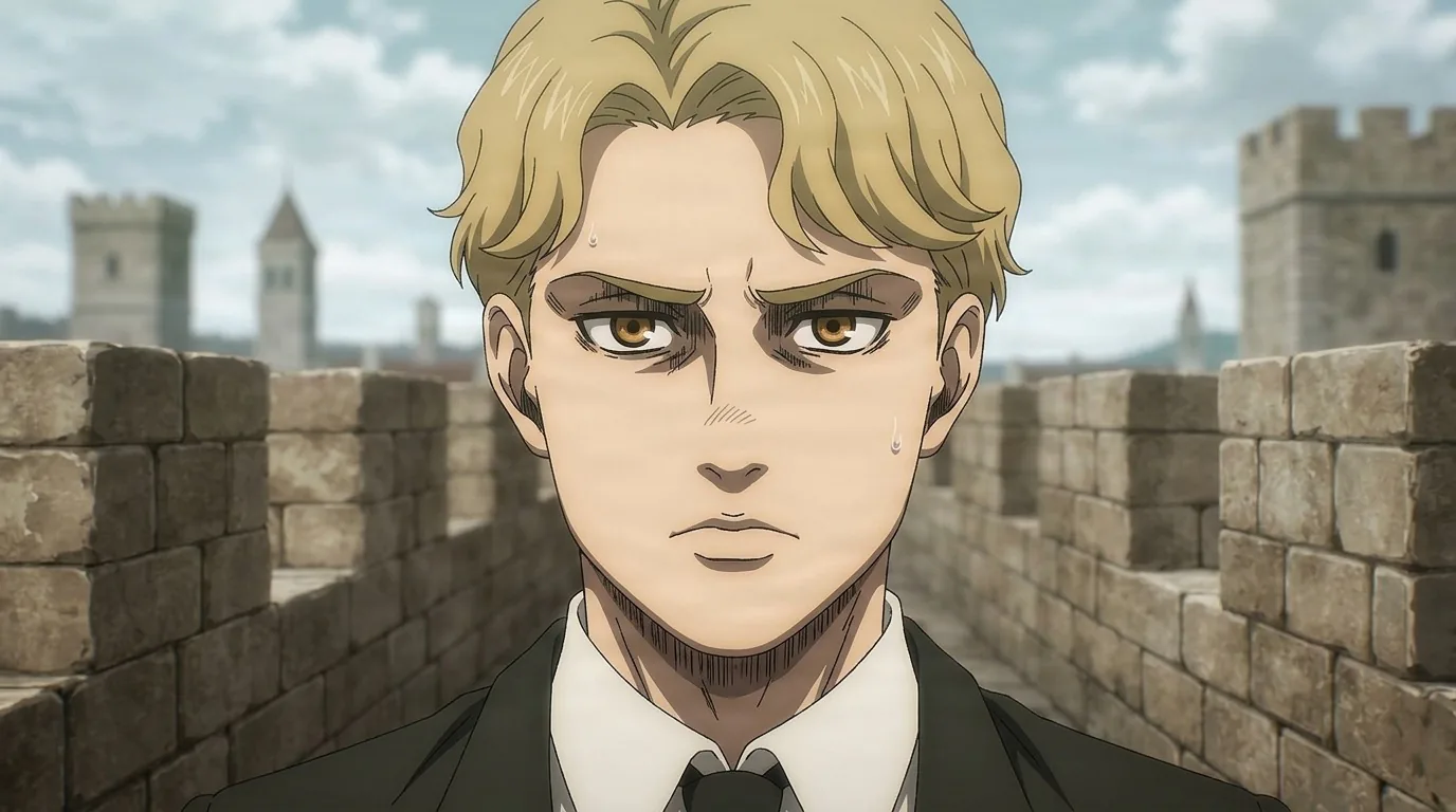 Niccolo, a blond man with thick eyebrows and stubble in a dark suit, stands atop a stone wall overlooking a town.