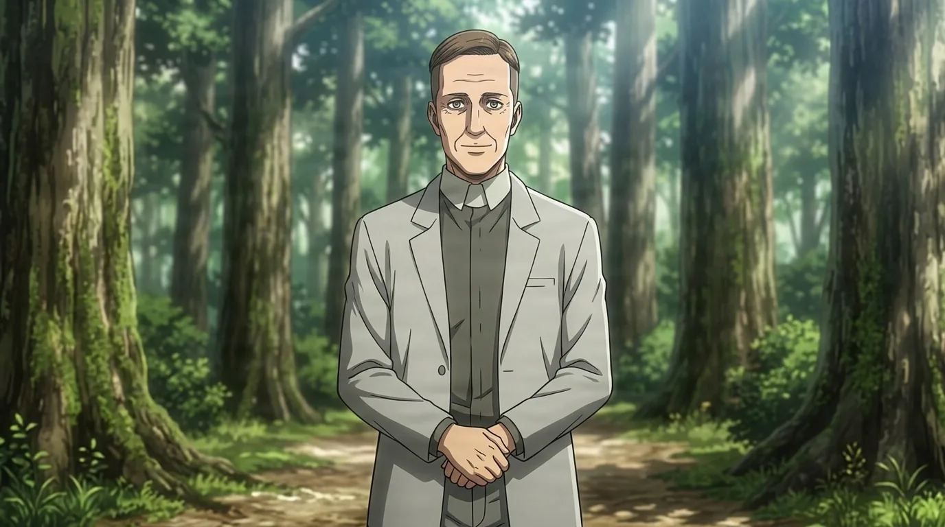 Nick in a pale grey coat and clerical collar, hands clasped in front of him as he stands on a sunlit path through tall forest trees