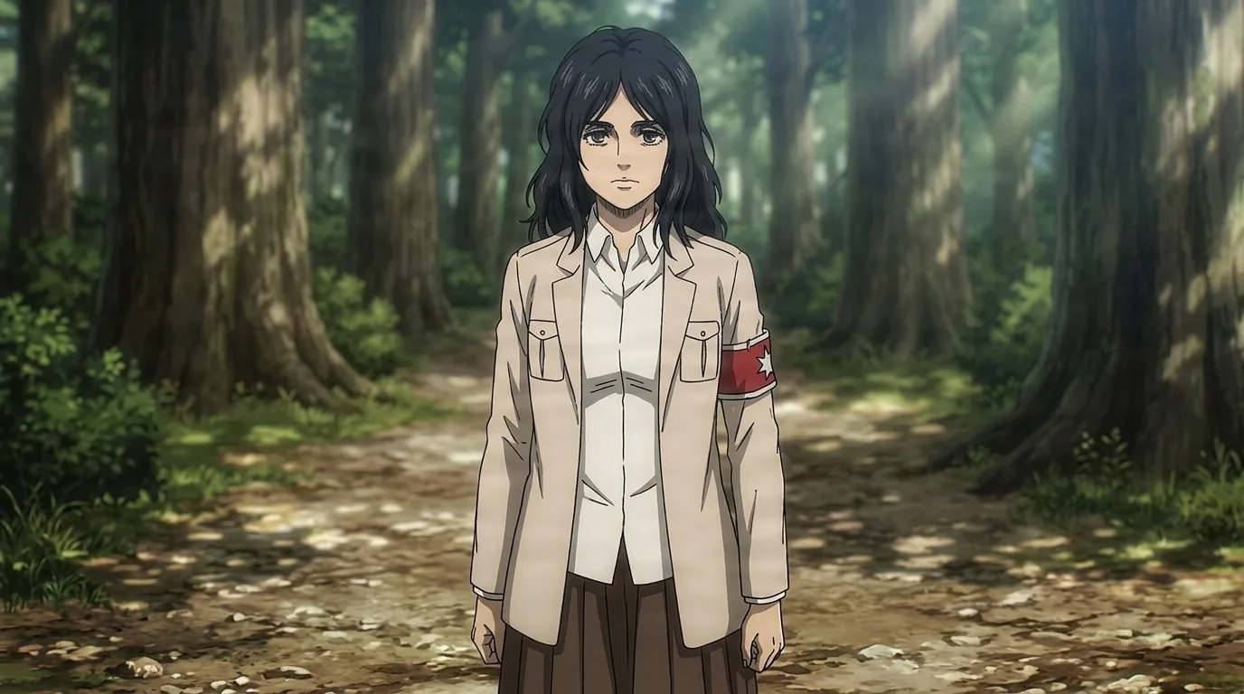 Pieck Finger, a dark-haired woman in a beige jacket with a red star armband, stands on a sunlit forest path.