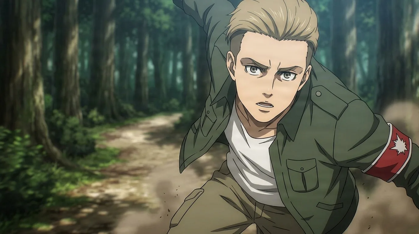 Porco Galliard, a blond young man in a green military jacket and red armband, lunges forward on a forest path.