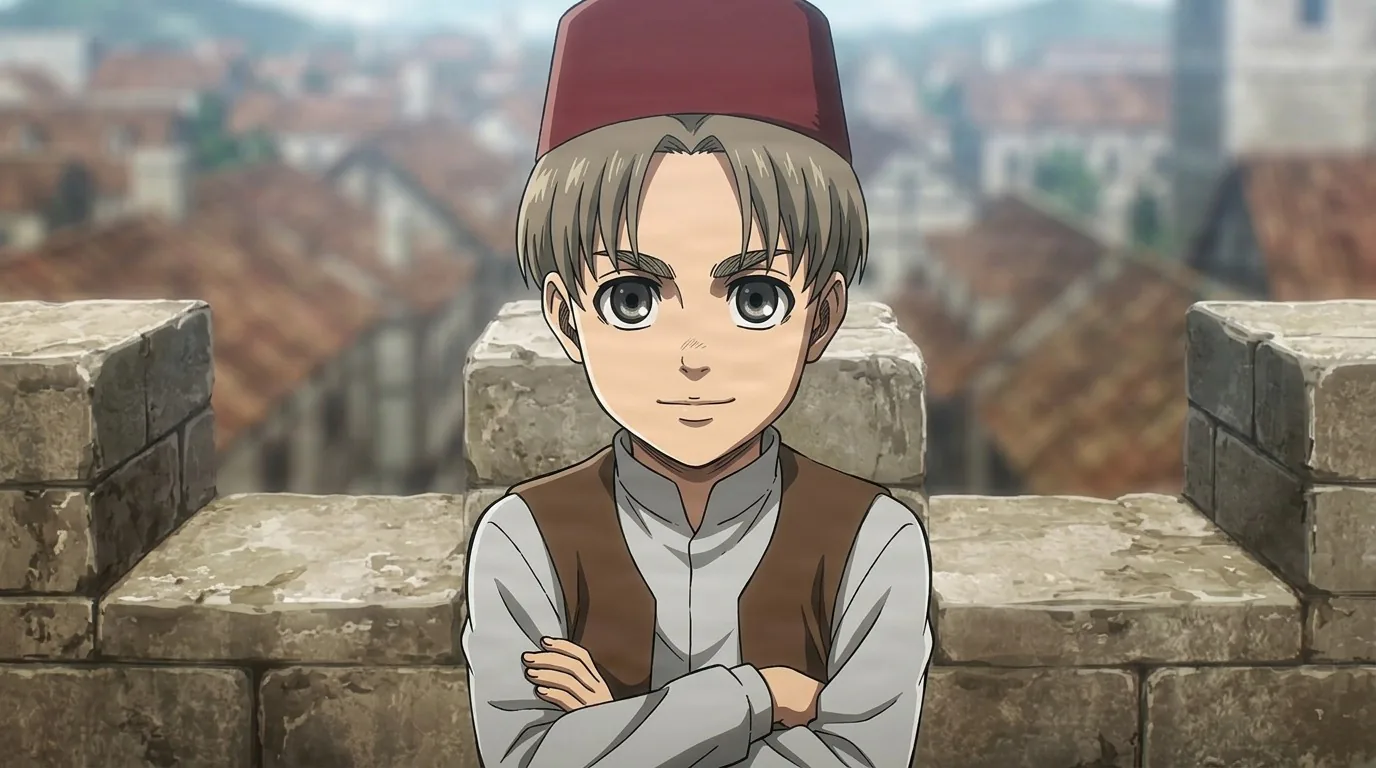 Ramzi in a red fez and brown vest, arms folded on a stone parapet with red-tiled rooftops behind him