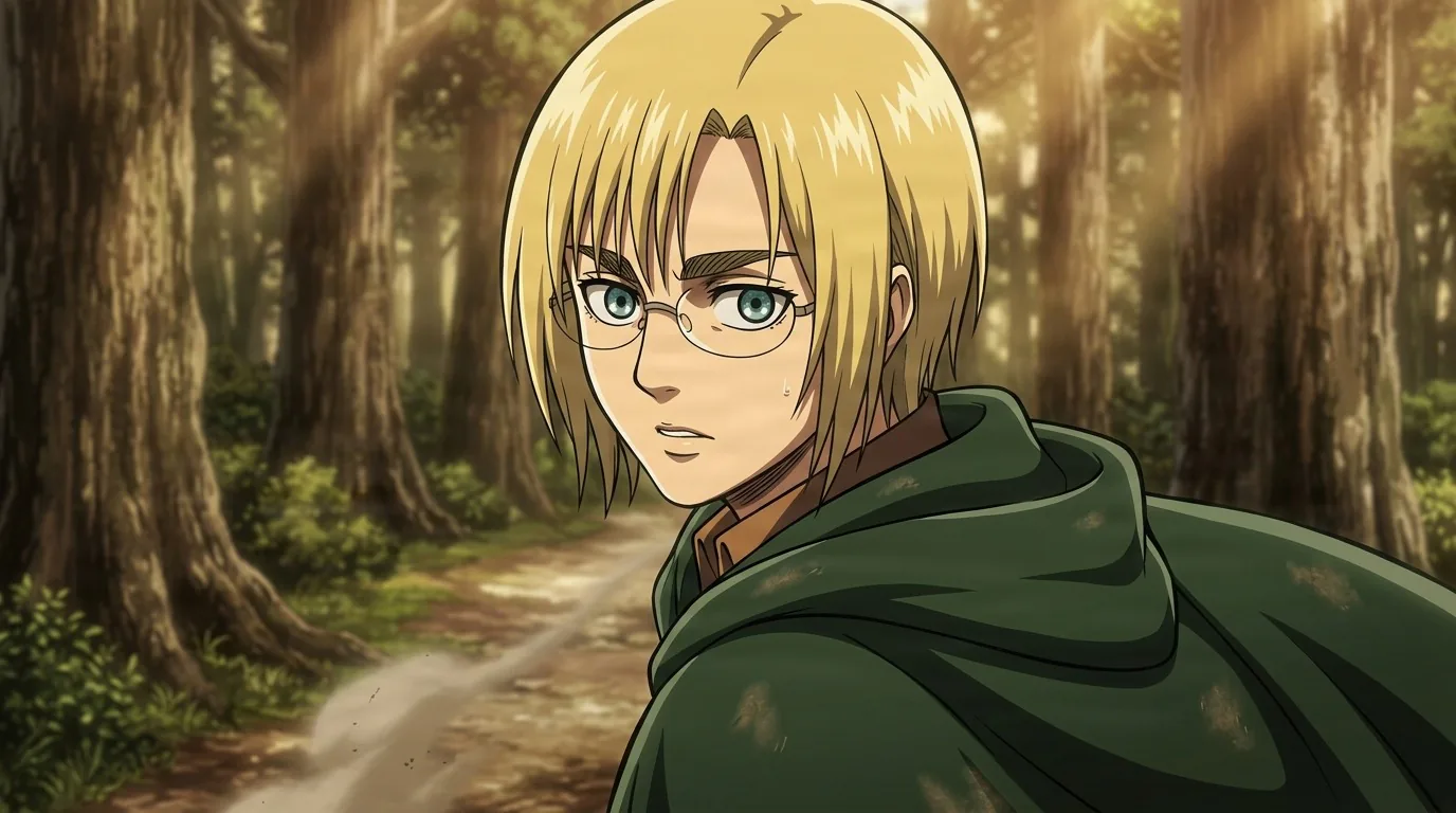 Rico Brzenska glancing over her shoulder in a sunlit forest, blonde bob and glasses, green Survey Corps cloak.