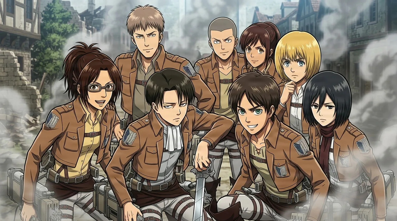 The Special Operations Squad grouped together in a smoking ruined town, tan Survey Corps jackets and ODM gear, Levi kneeling in front with a blade