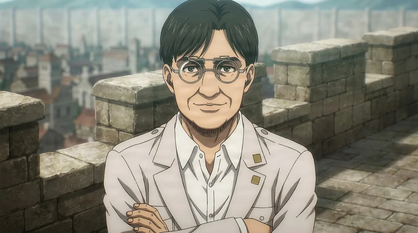 Tom Ksaver smiling with arms crossed atop the Wall, round glasses and a white coat, rooftops of the town behind him.