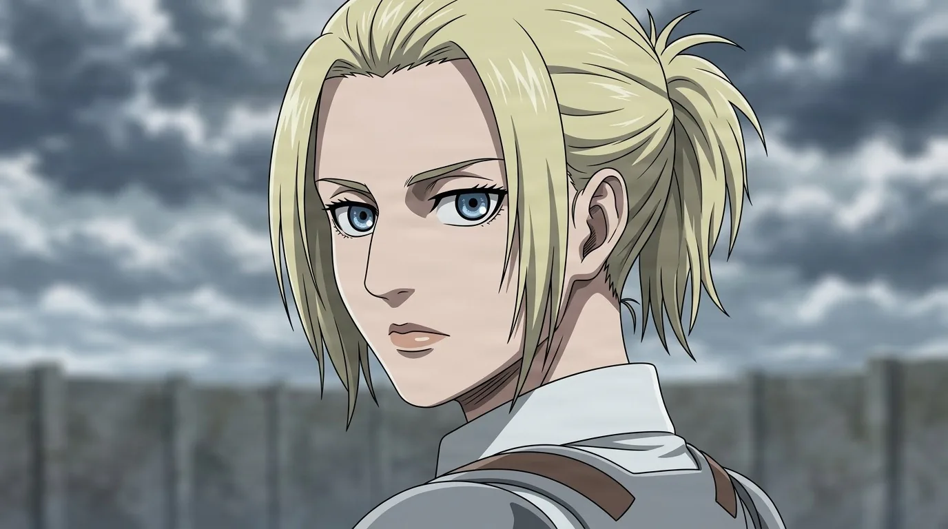 Traute Caven glancing over her shoulder before a grey wall, blonde hair tied back, uniform harness and a cool blue stare.