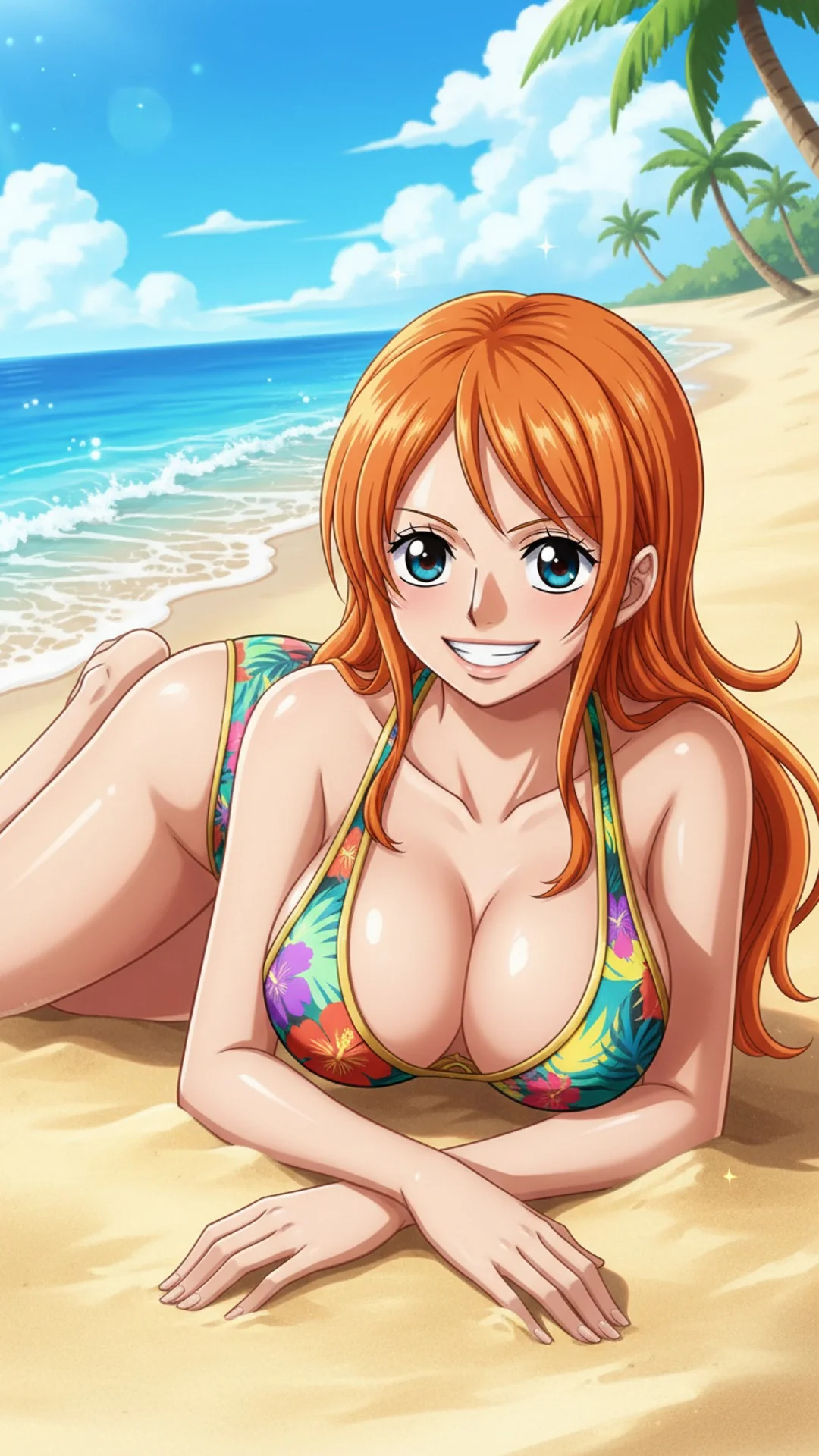 Nami from One Piece relaxing on a tropical beach, vibrant anime-style AI Art by Daddy Jim Headquarters