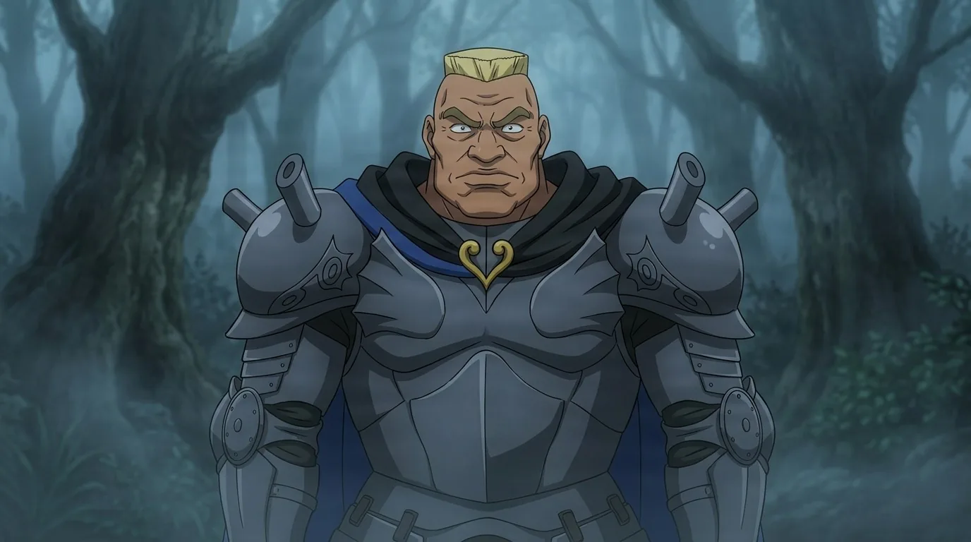 Adon Coborlwitz, a blond flat-topped soldier in heavy grey plate armor and a black cape, scowling in a misty forest