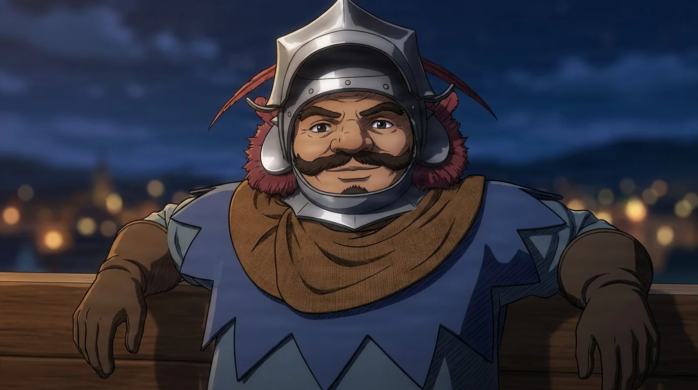 Azan, a mustached man in a steel helmet and blue tunic with a brown scarf, leans on a railing under a night sky over a town.