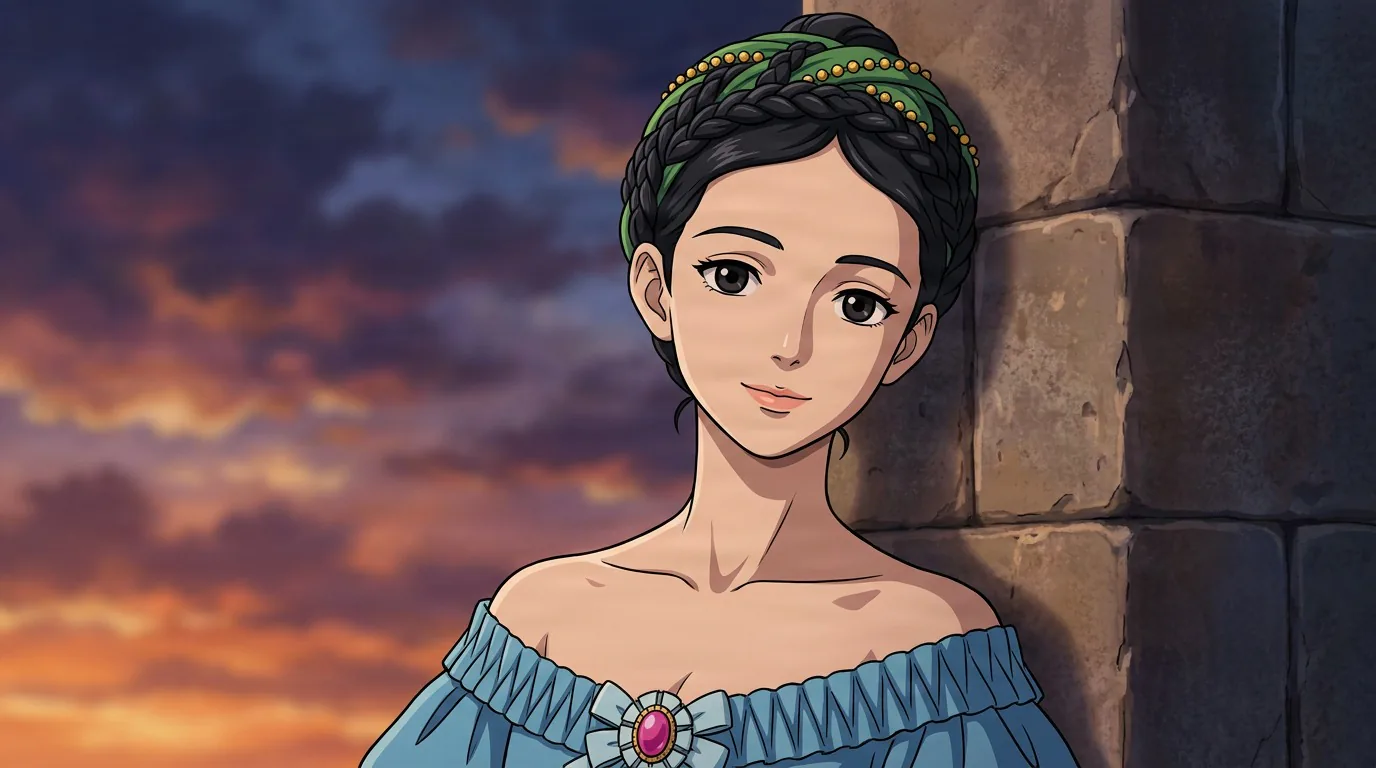 Charlotte Beatrix Marie Rhody Wyndham, a dark-haired woman with braided hair in an off-shoulder blue dress, leans on a stone wall at sunset.