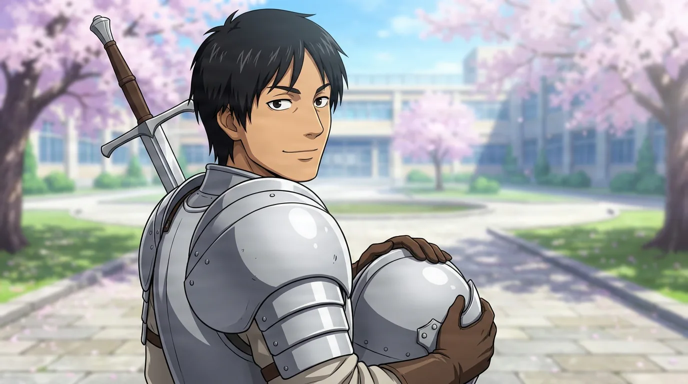Corkus, a black-haired man in steel plate armor, holds his helmet under one arm on a cherry-blossom-lined path.