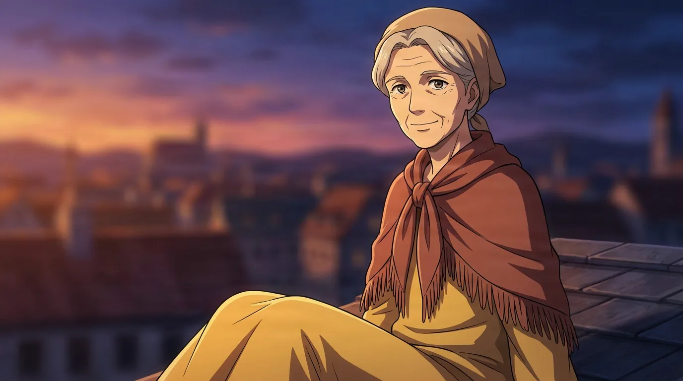 Flora, an elderly woman with grey hair in a headscarf and orange fringed shawl, sits on a rooftop against a twilight sky.