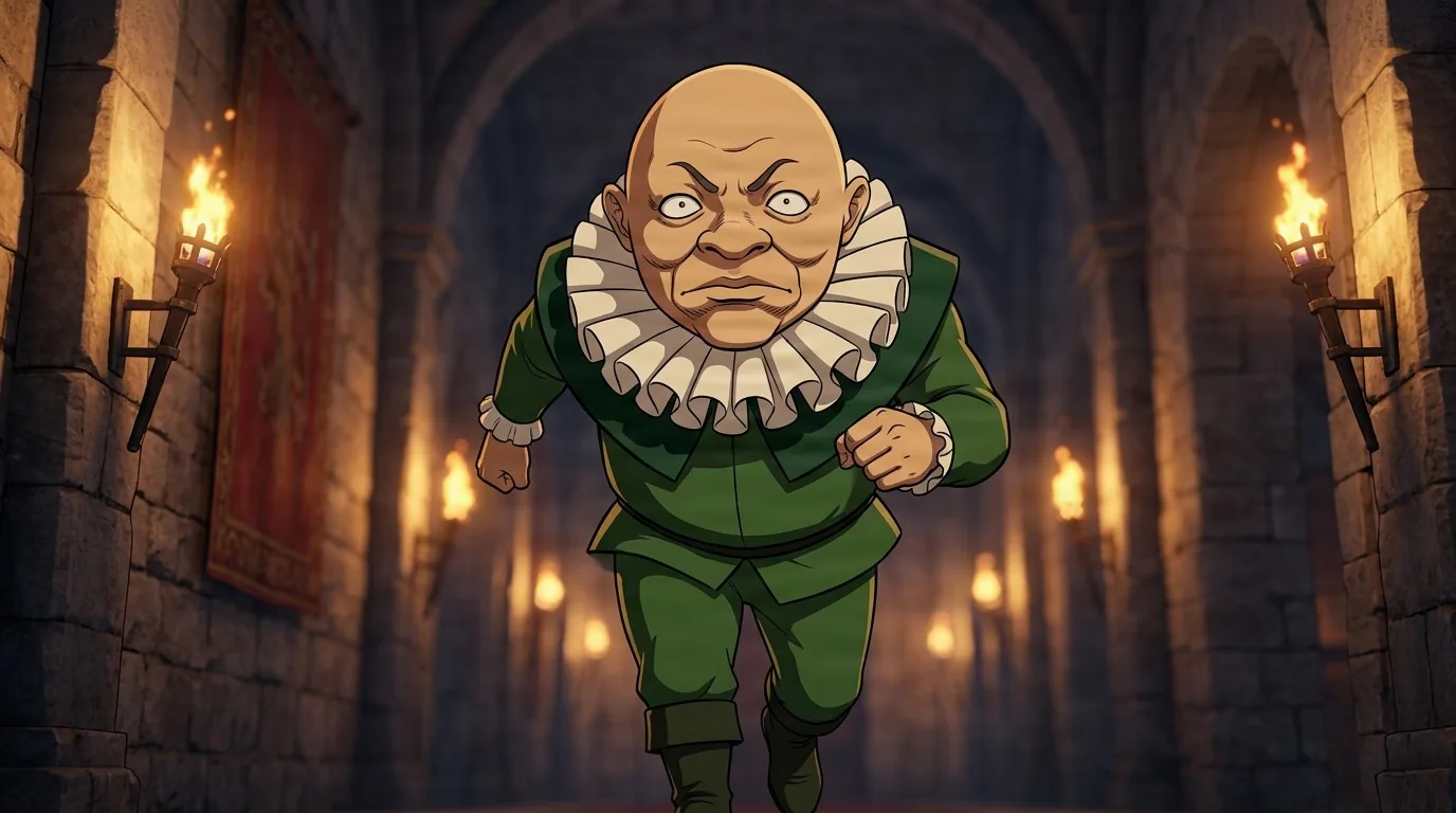 Foss, a bald man in a green outfit with a ruffled collar, runs down a torch-lit stone corridor.