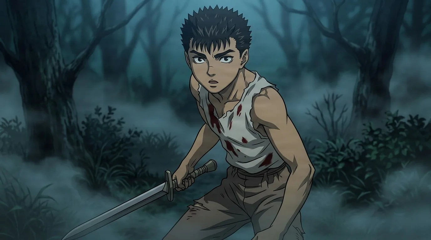 Gambino crouched with a longsword drawn in a misty night forest, torn bloodstained shirt and a hard focused stare