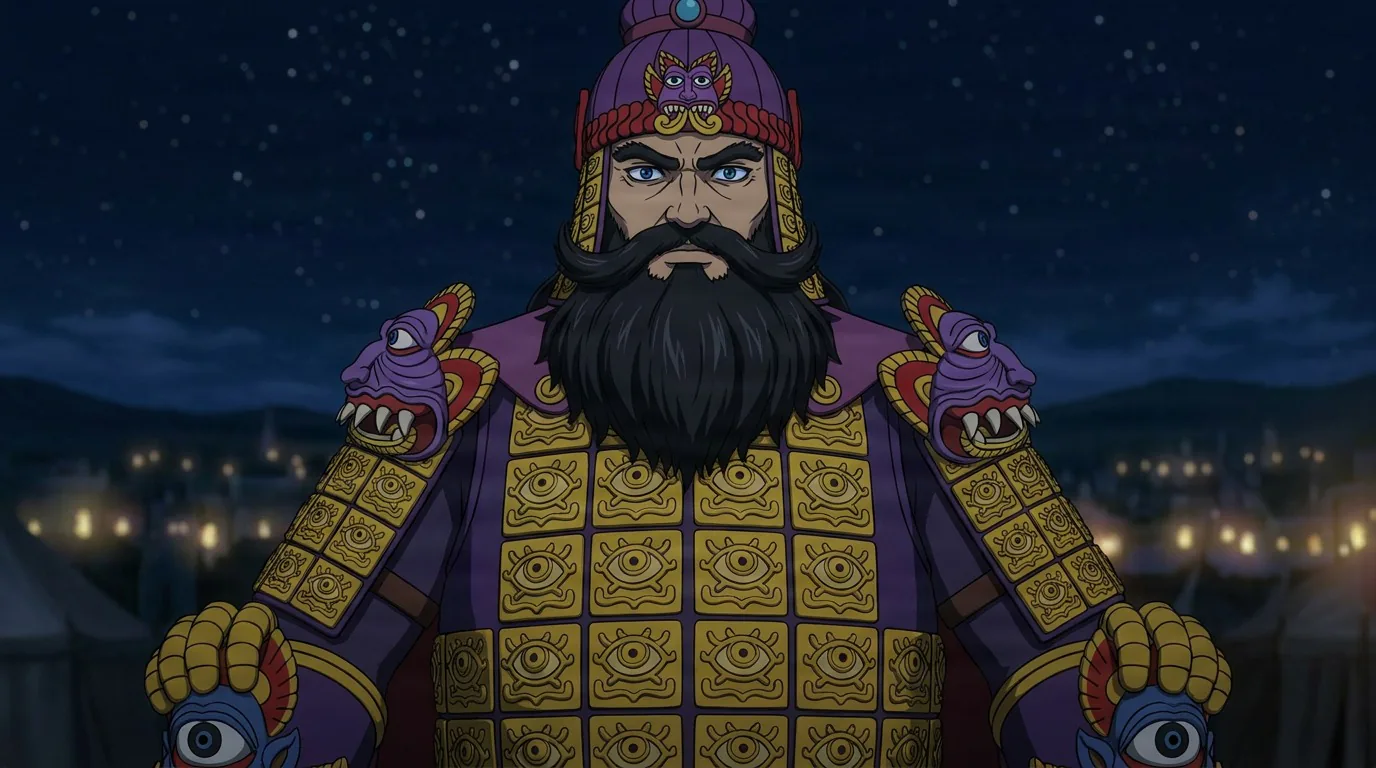 Ganishka, a bearded man in ornate purple and gold armor covered in eye motifs, with demonic faces on the shoulders, under a starry sky.