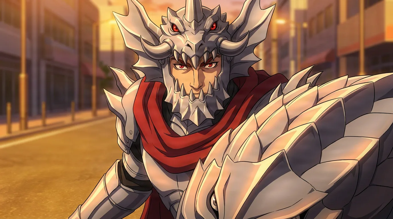 Grunbeld, a red-eyed man in dragon-shaped silver armor and a red scarf, stands on a street at sunset.