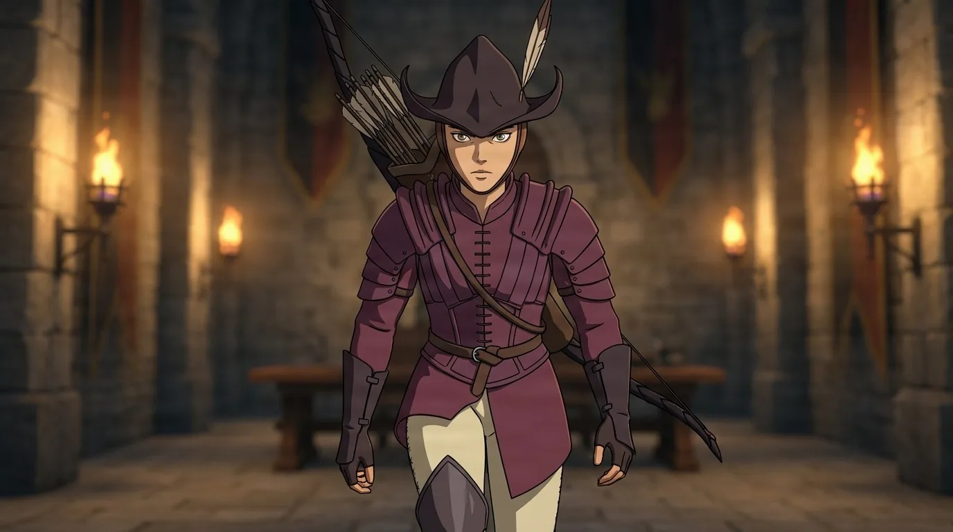 Irvine, an archer in maroon armor and a plumed hat with a quiver, walks through a torch-lit stone hall.