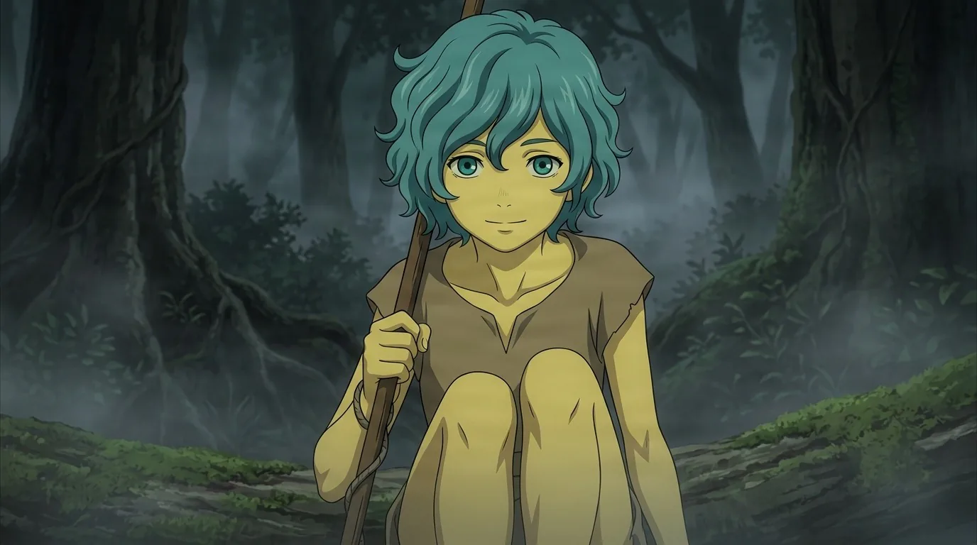 Isma, a teal-haired youth in a ragged tunic, crouches holding a staff in a dark misty forest.