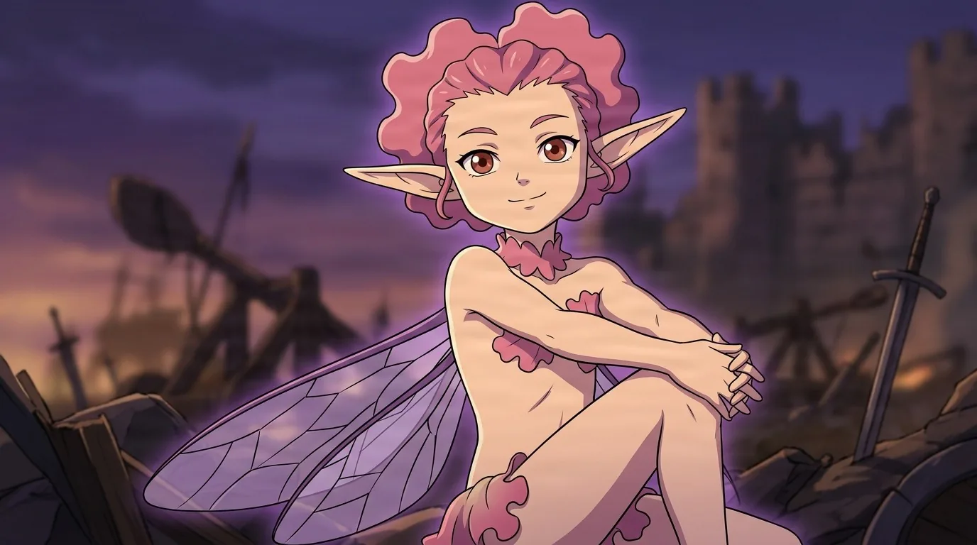 Ivalera, a tiny pink-haired fairy with translucent wings, sits hugging her knees among battlefield ruins at dusk.