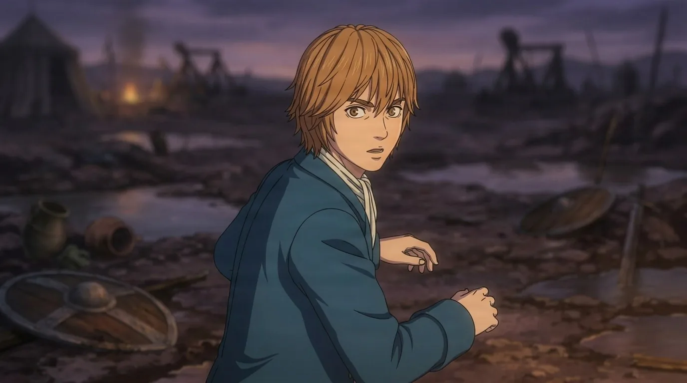 Joachim glancing back across a muddy battlefield at dusk, shaggy ginger hair, blue tunic and white scarf, shields in the mud.
