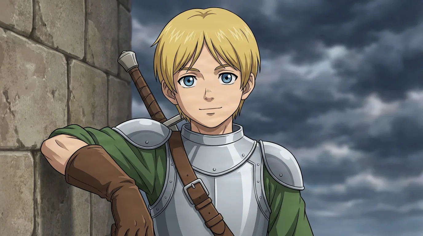 Judeau, a blond young man in a green tunic and steel shoulder armor, leans against a stone wall with a blade strapped to his back.