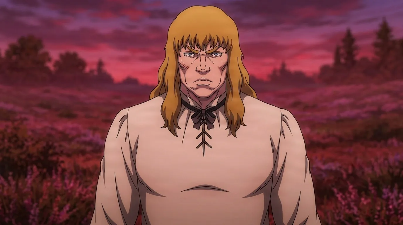 Julius, broad shouldered with long blond hair and a scarred face, scowling in a laced cream shirt over a violet heather field at dusk