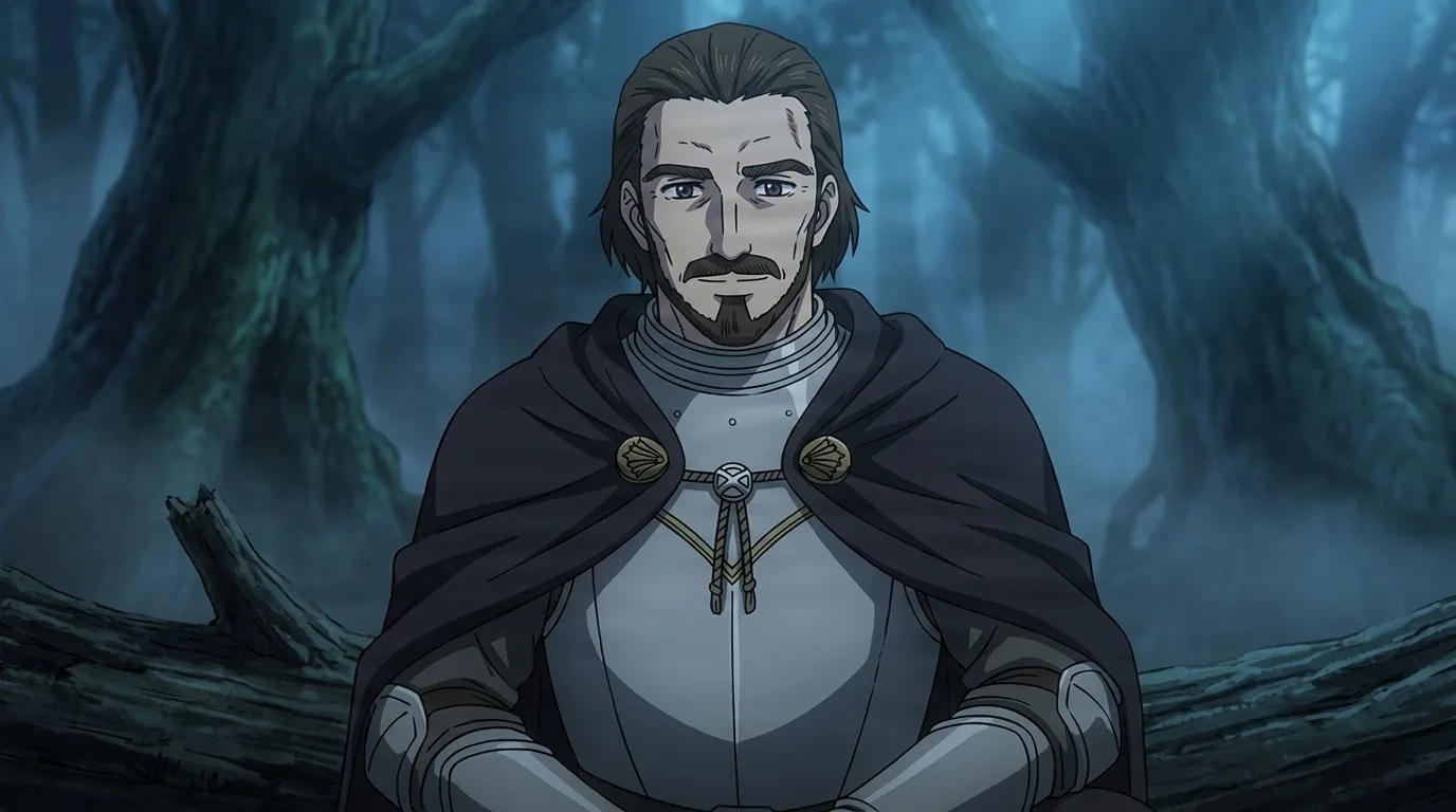 Laban in polished plate armor and a dark cloak, mustached and calm, standing among twisted trees in a misty blue forest.