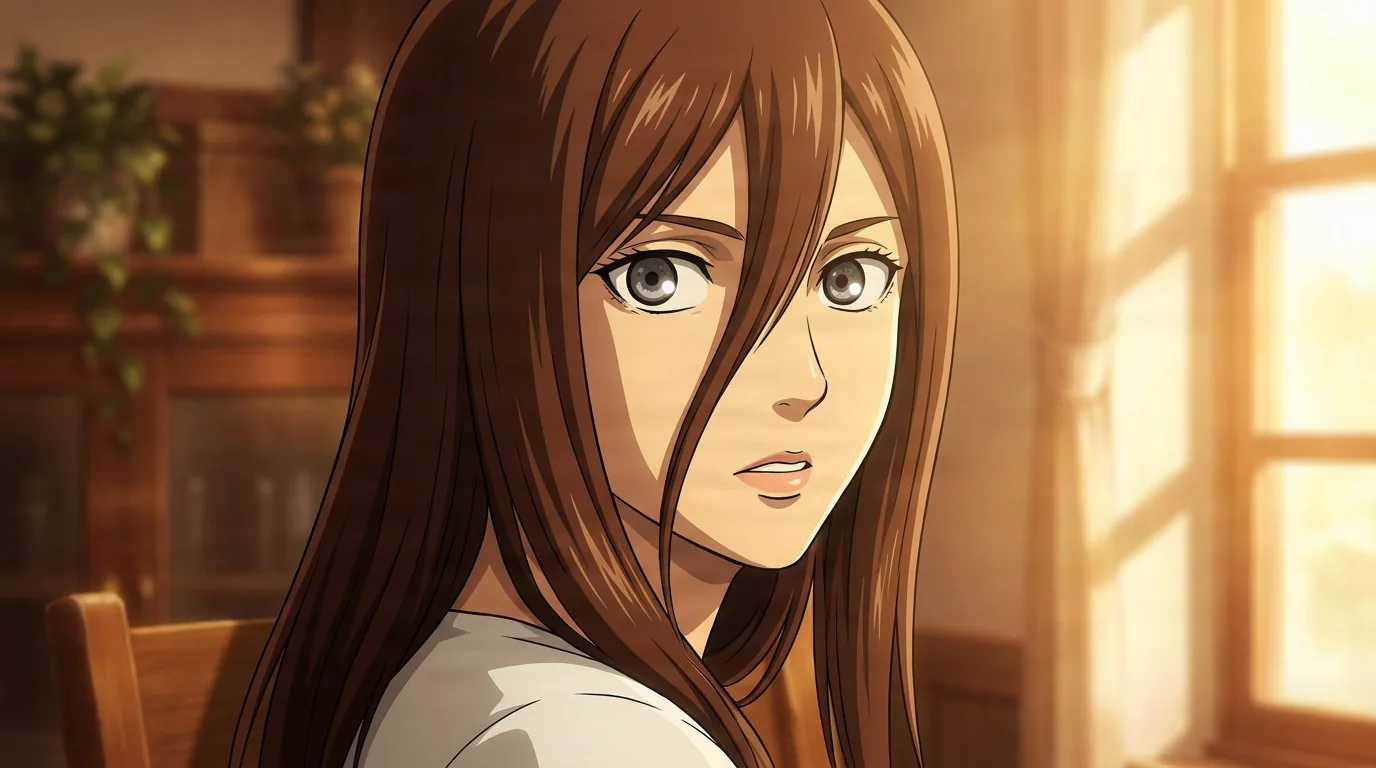 Luca, a long brown-haired woman in a white top, glances over her shoulder near a sunlit window indoors.
