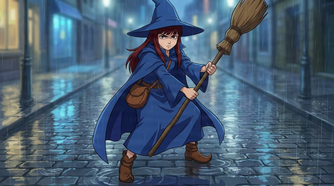 Molda, a red-haired girl in a blue witch hat and cloak, crouches with a broom on a rain-slicked cobblestone street.
