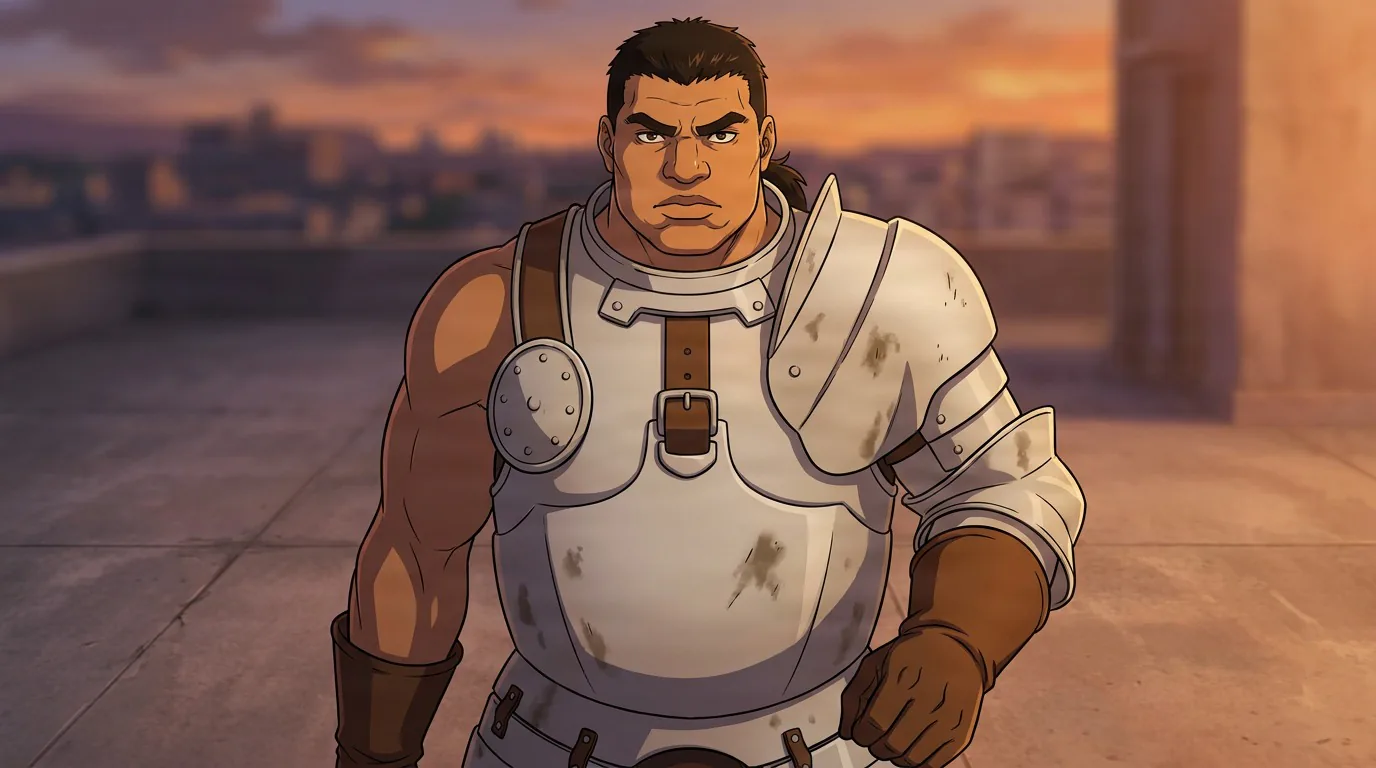 Pippin, a large muscular man with a short ponytail in white plate armor, stands on a rooftop at sunset.
