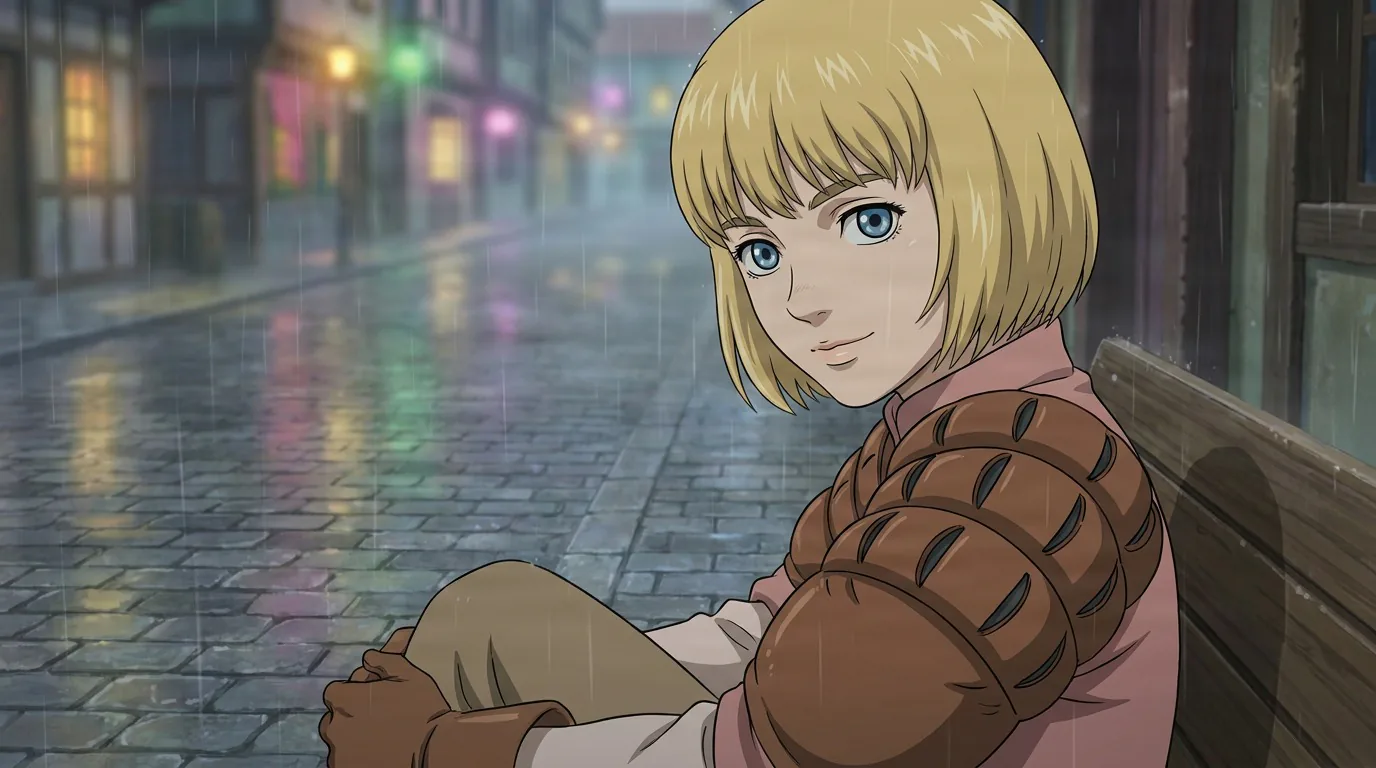 Rickert, a young blond boy with blue eyes, sits on a bench along a rainy cobblestone street at night.