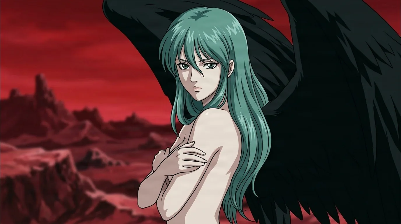 Slan looking back over her bare shoulder beneath a blood red sky, long green hair and vast black wings over jagged rock.