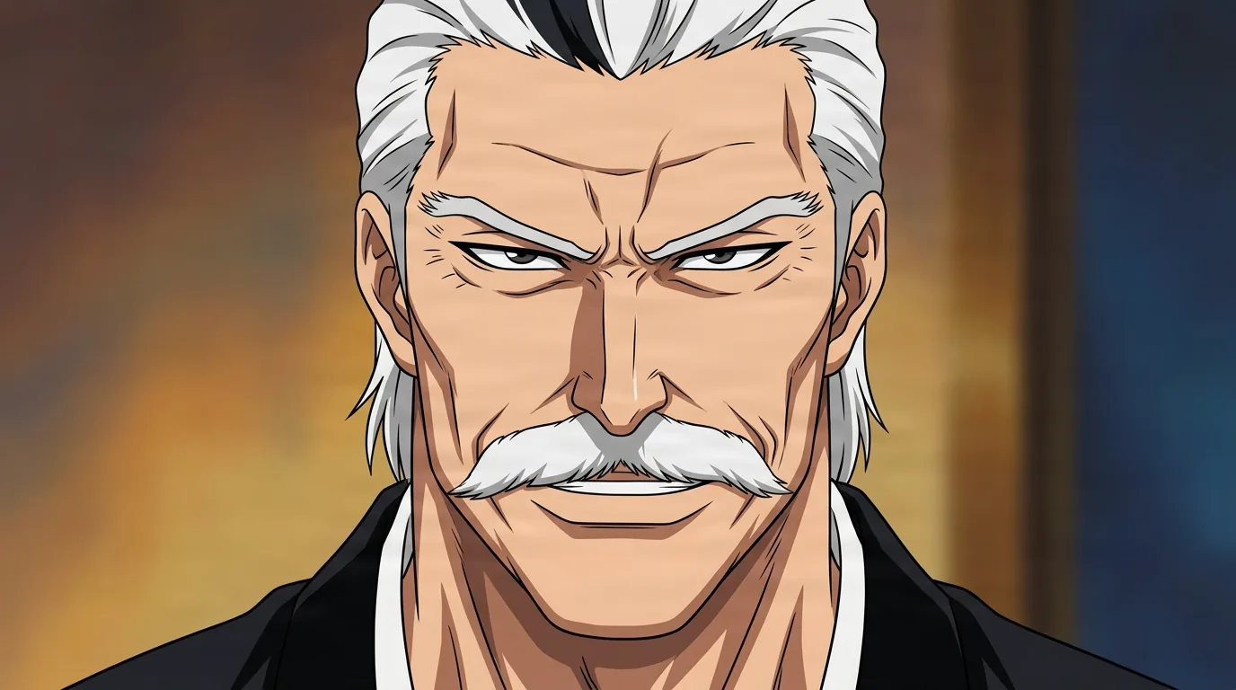 Genshirō Okikiba from Bleach in a close-framed cel-shaded anime scene with a detailed environment