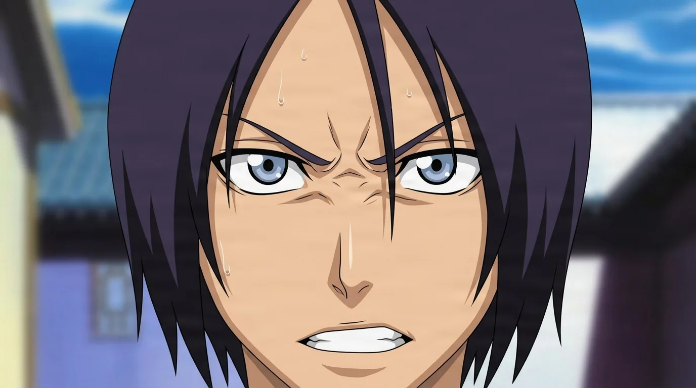 Hanatarō Yamada from Bleach in a close-framed cel-shaded anime scene with a detailed environment