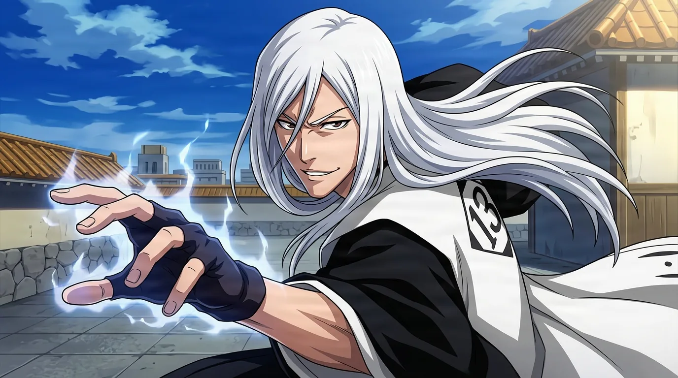 Jūshirō Ukitake from Bleach in a close-framed cel-shaded anime scene with a detailed environment